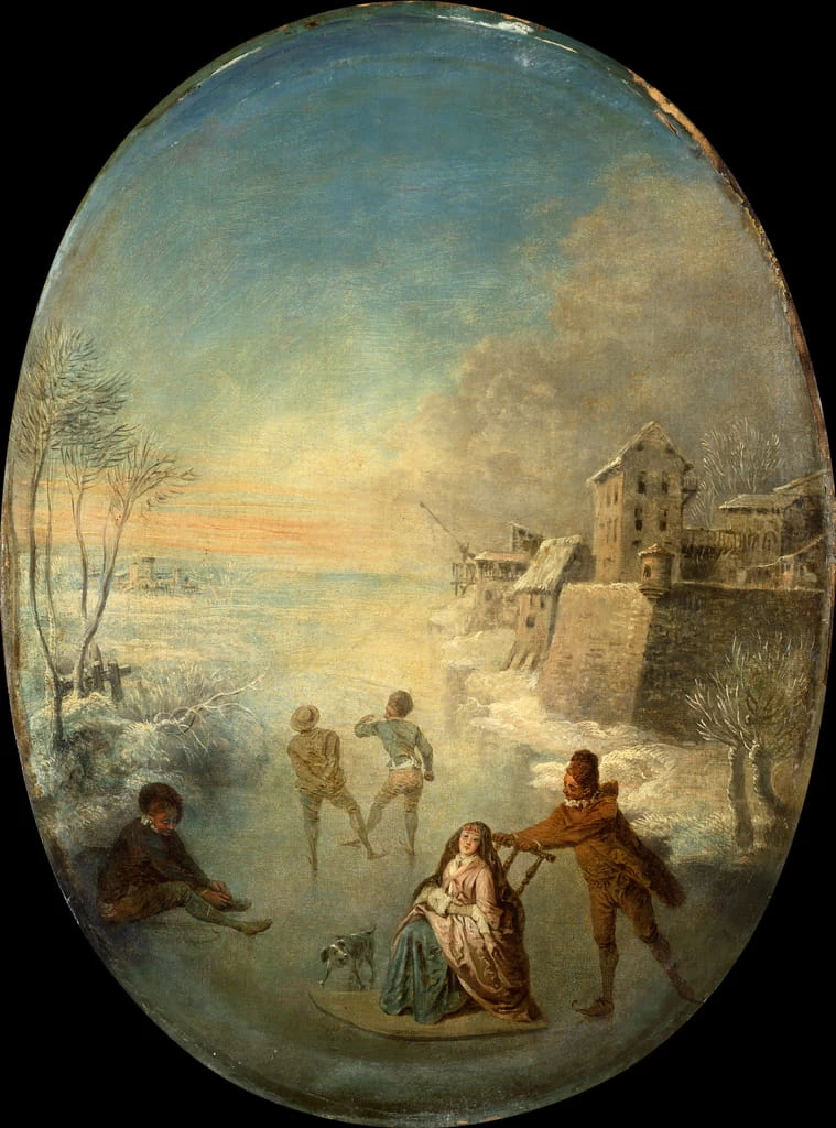 Gentiluomo sul ghiaccio vicino a una città murata in inverno